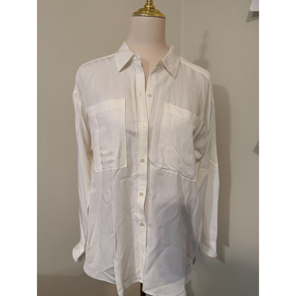LOFT Petites White Utility Button Down Shirt Blouse MP Medium Petite Viscose